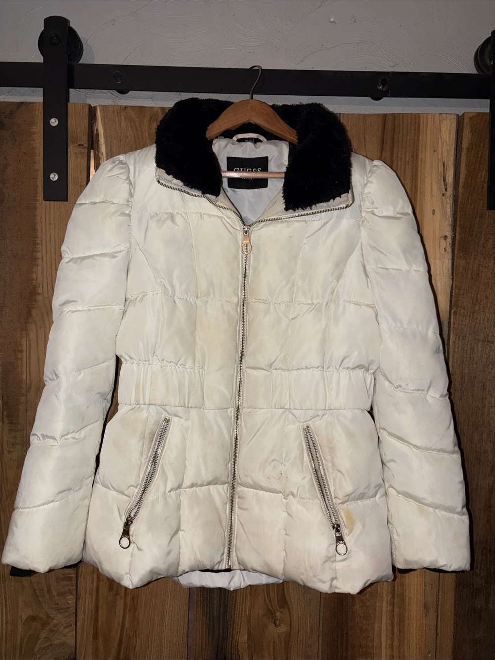 Guess White Puffer Jacket with Black Faux Fur Collar